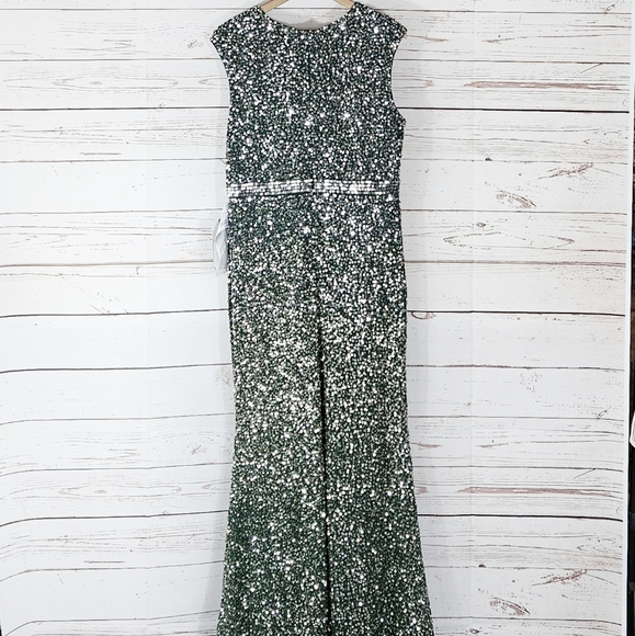 NWT Mac Duggal | Cap Sleeve Green Sequined High Slit Gown - Picture 6 of 10